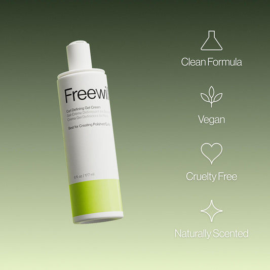 Close-up of Freewill Curl Defining Gel Cream label highlights lightweight formula.