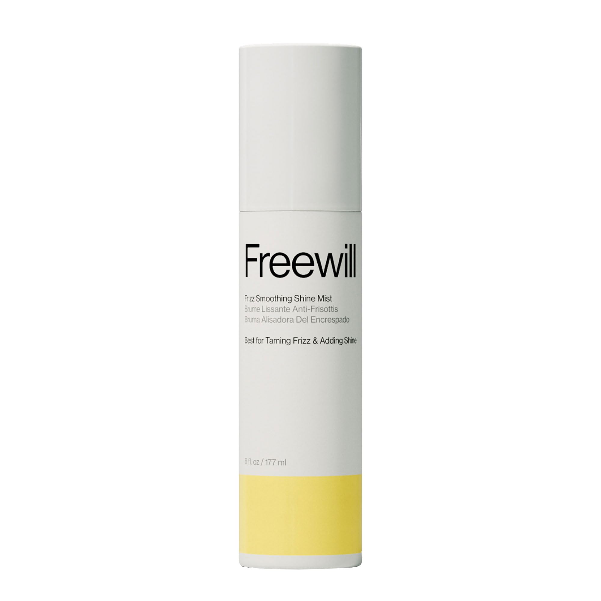 Freewill Frizz Smoothing Shine Mist bottle pouring for lightweight frizz control.