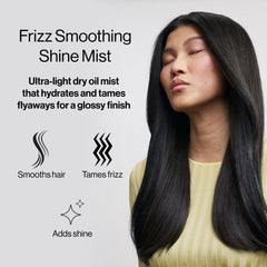 Closeup of Freewill Frizz Smoothing Shine Mist packaging highlighting vegan formula.