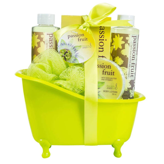 Freida and Joe Passion Fruit Bath Basket in a vintage green tub for a spa-at-home experience