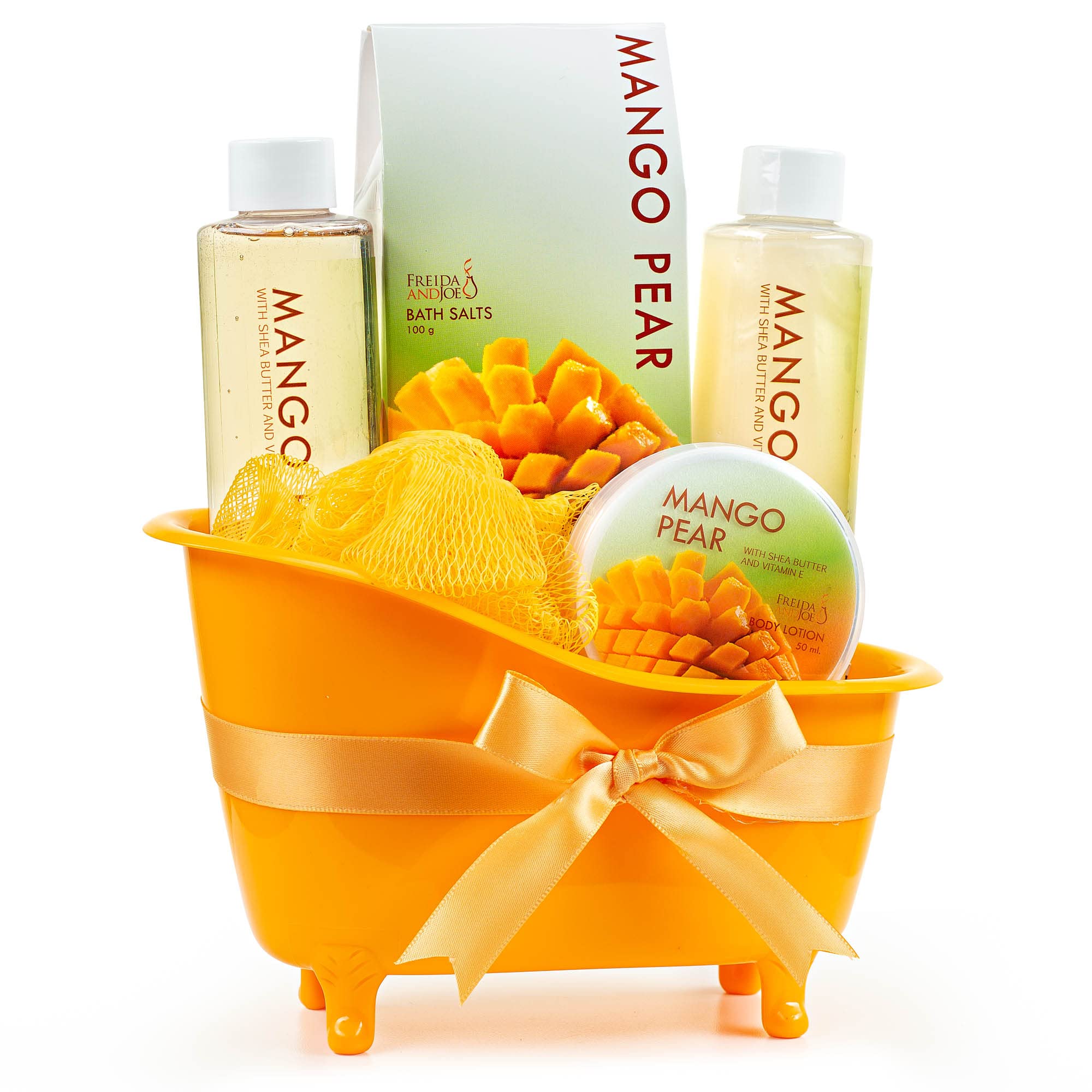 Freida and Joe mango pear bath salts in orange tub, luxurious at-home spa