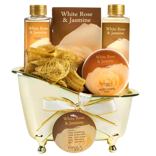 Freida and Joe spa set in a gold tub front view for at-home luxury