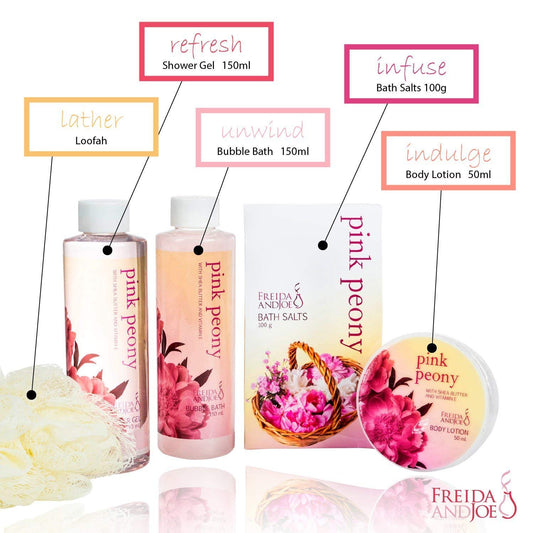 Freida and Joe bubble bath with peony for a soothing, fragrant soak.