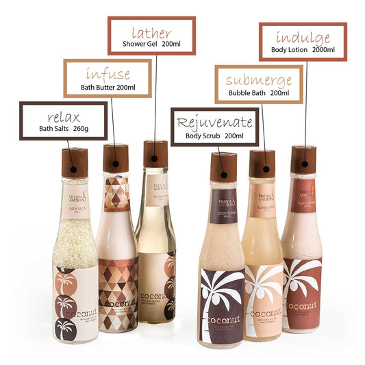 Freida and Joe coconut bubble bath bottle for a luxurious foamy soak
