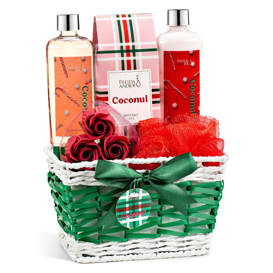 Freida and Joe Coconut Spa basket image showcases a luxurious self-care gift for home pampering.