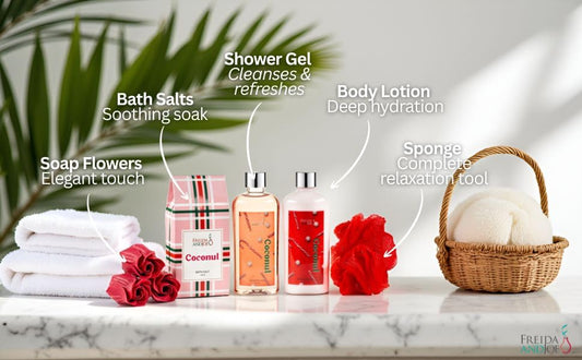 Freida and Joe Coconut Spa shower gel bottle for hydrating cleanse with tropical coconut scent.