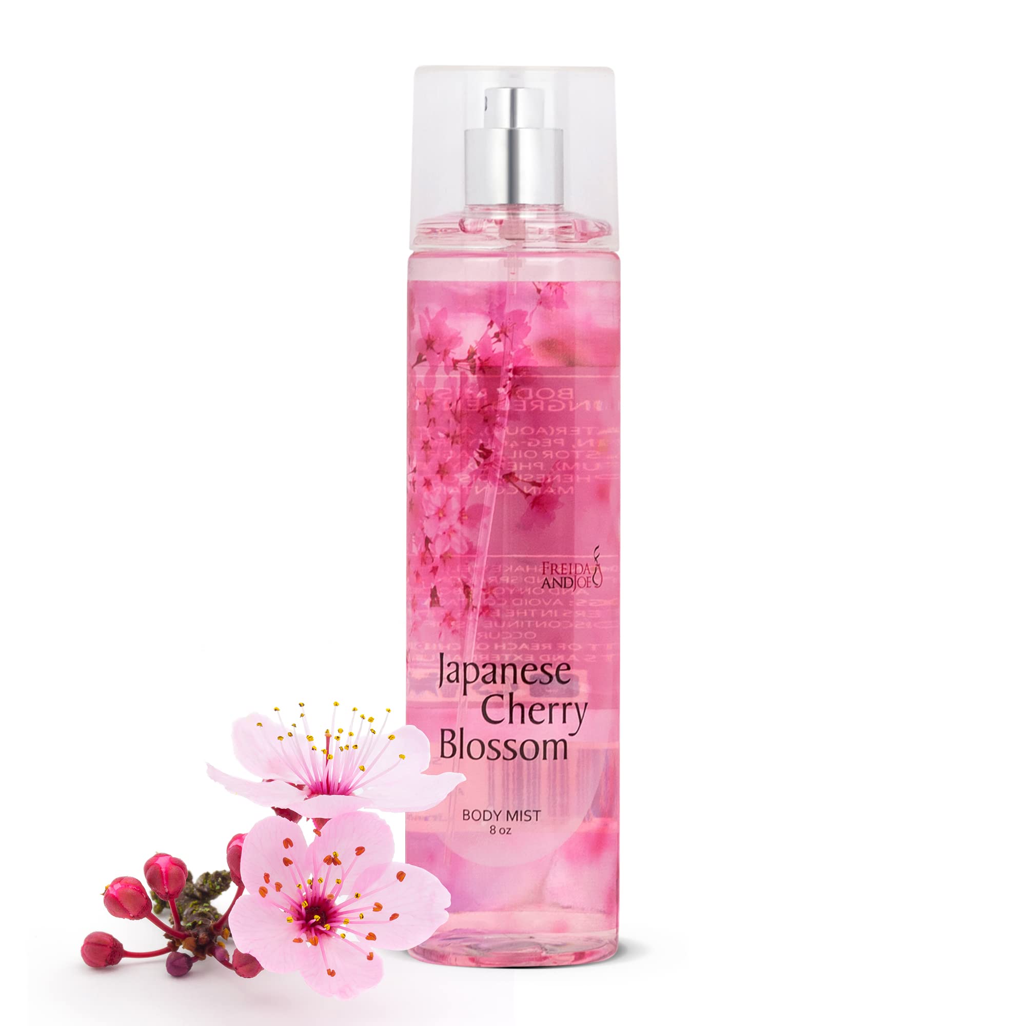 Freida and Joe Japanese Cherry Blossom body mist bottle front, delicate floral scent for everyday freshness.