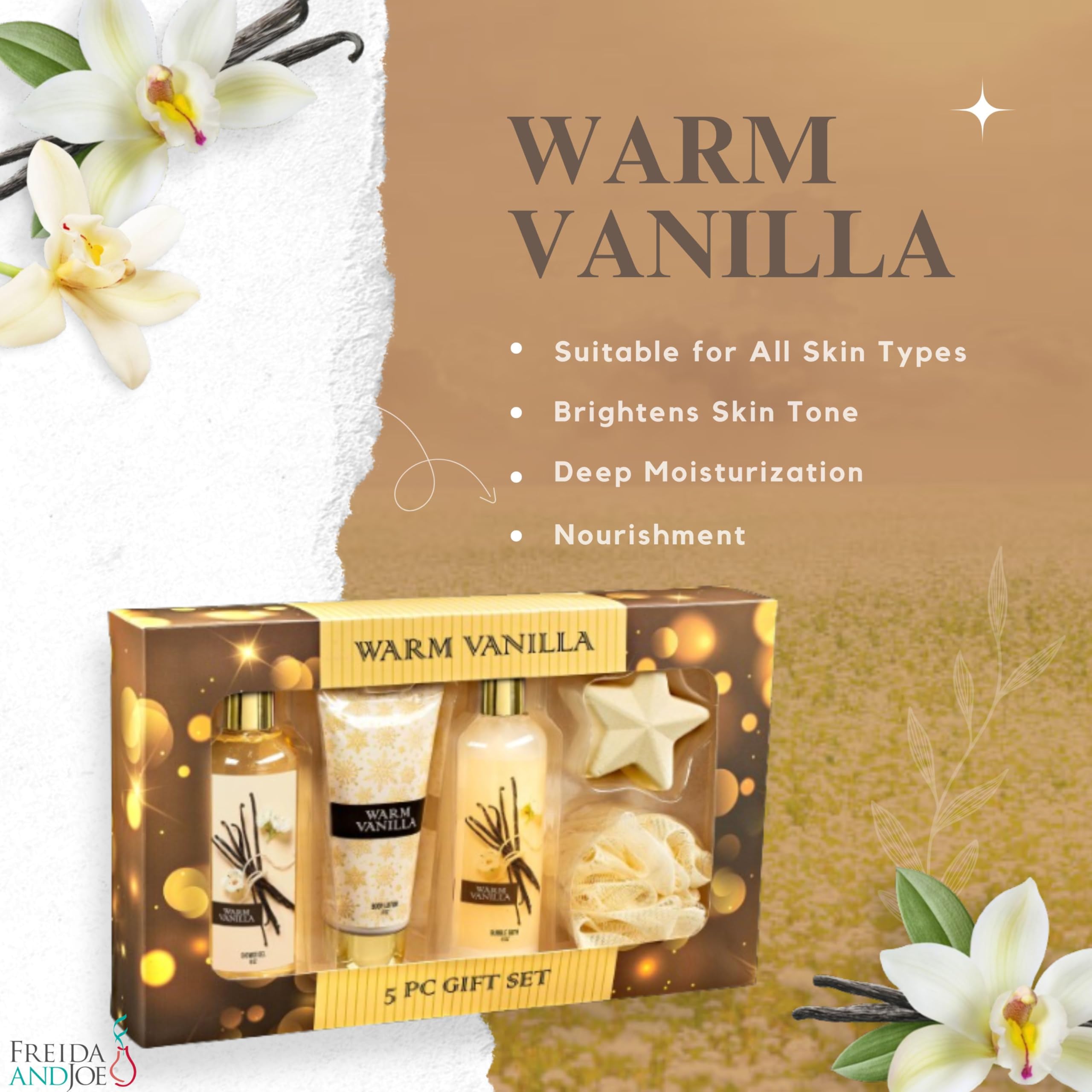 Freida and Joe Warm Vanilla Gift Box presentation showcasing a complete at-home spa set.
