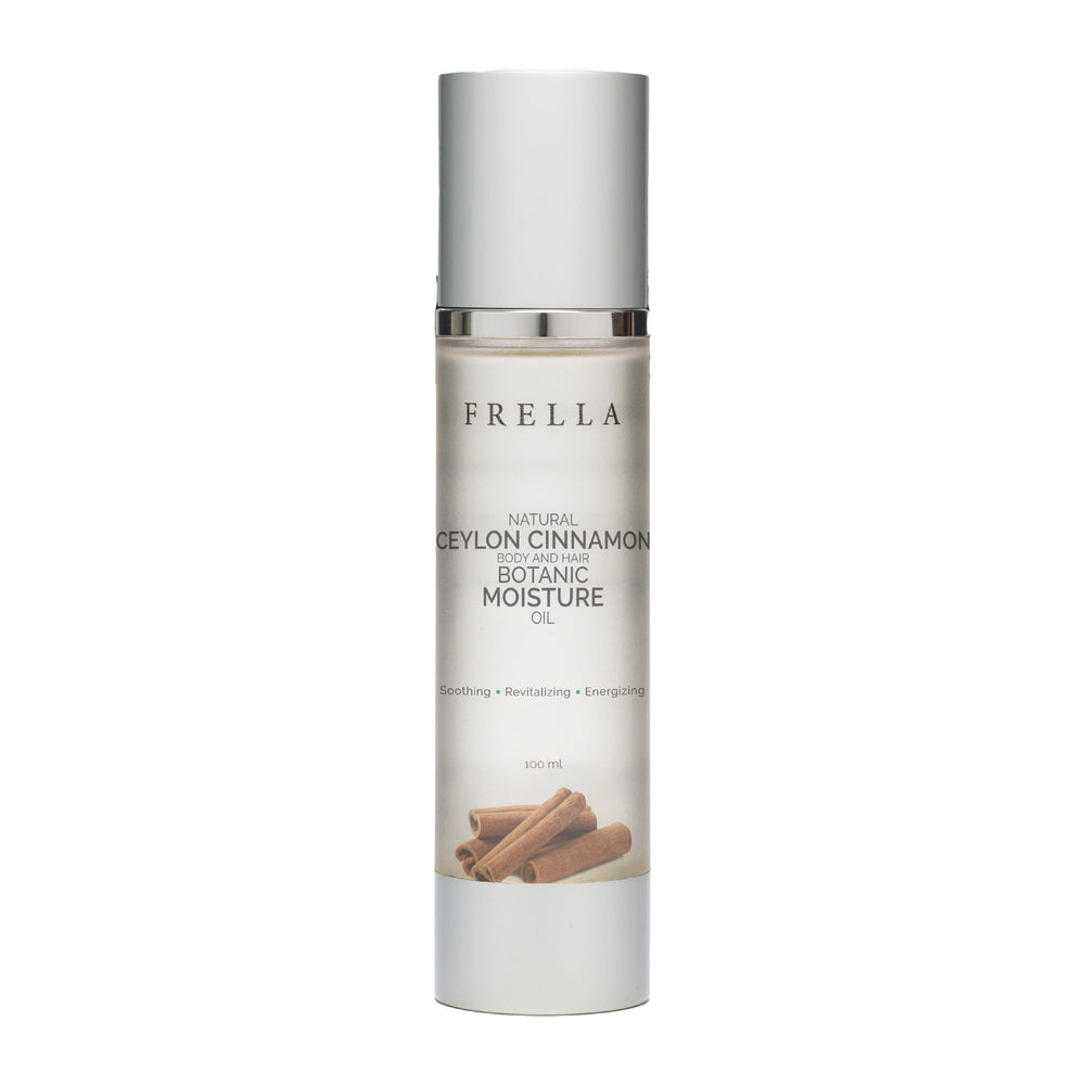 Frella Cinnamon Oil bottle showing easy daily use for skin and hair care.