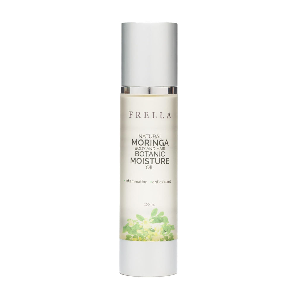 Frella Natural Moringa Oil bottle showing travel-friendly packaging for skin and hair hydration.