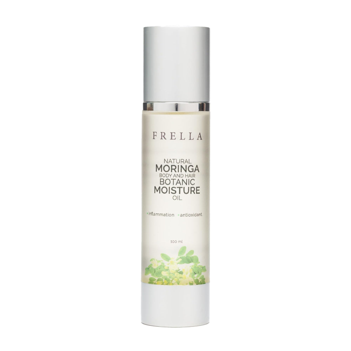 Frella Natural Moringa Oil bottle showing travel-friendly packaging for skin and hair hydration.