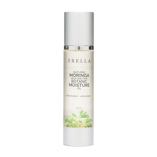 Frella Natural Moringa Oil bottle showing travel-friendly packaging for skin and hair hydration.