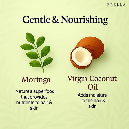 Frella Moringa Oil label close-up highlights vegan, cruelty-free formula for daily care.