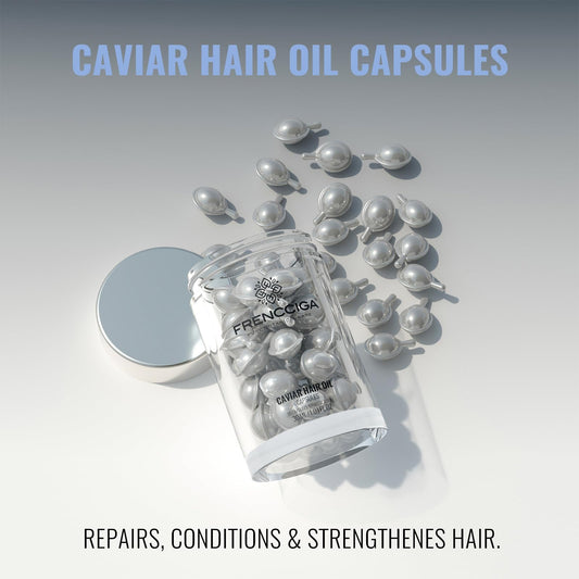 FRENCCIGA Caviar Oil capsules pack highlighting travel-friendly luxury hair care.