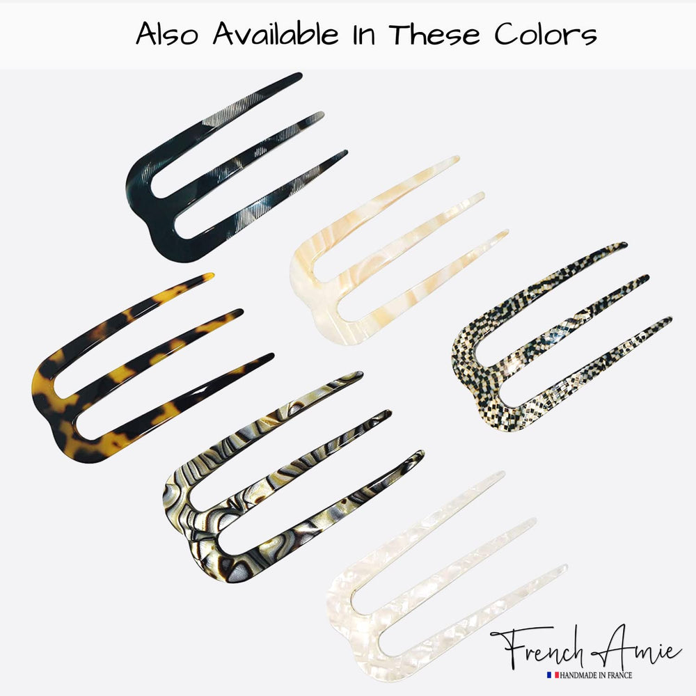 French Amie hairpin in use secures a chic updo without snagging.