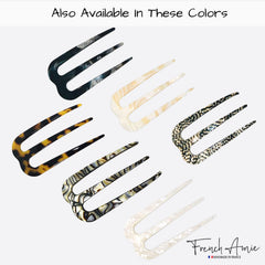French Amie hairpin in use secures a chic updo without snagging.