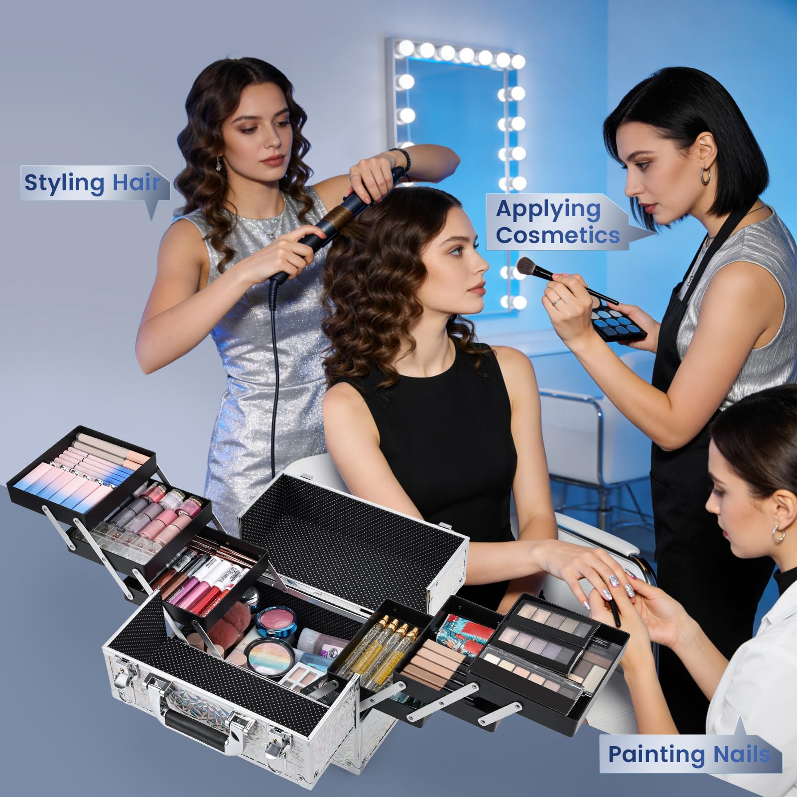 Frenessa makeup case with 6-tray extendable system keeps cosmetics organized.