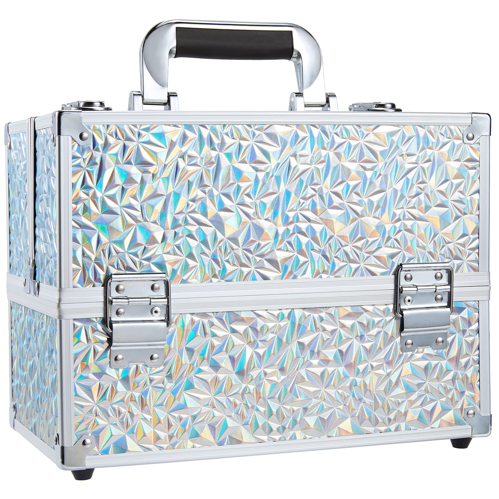 Frenessa makeup case glitter silver closed for on-the-go cosmetics protection.