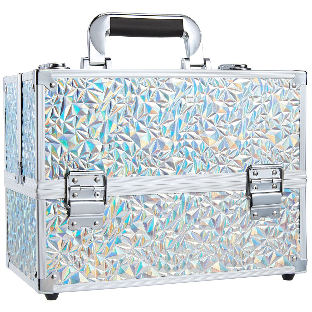 Frenessa makeup case glitter silver closed for on-the-go cosmetics protection.