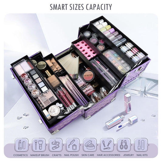 FRENESSA makeup train case with six trays for organized cosmetics.