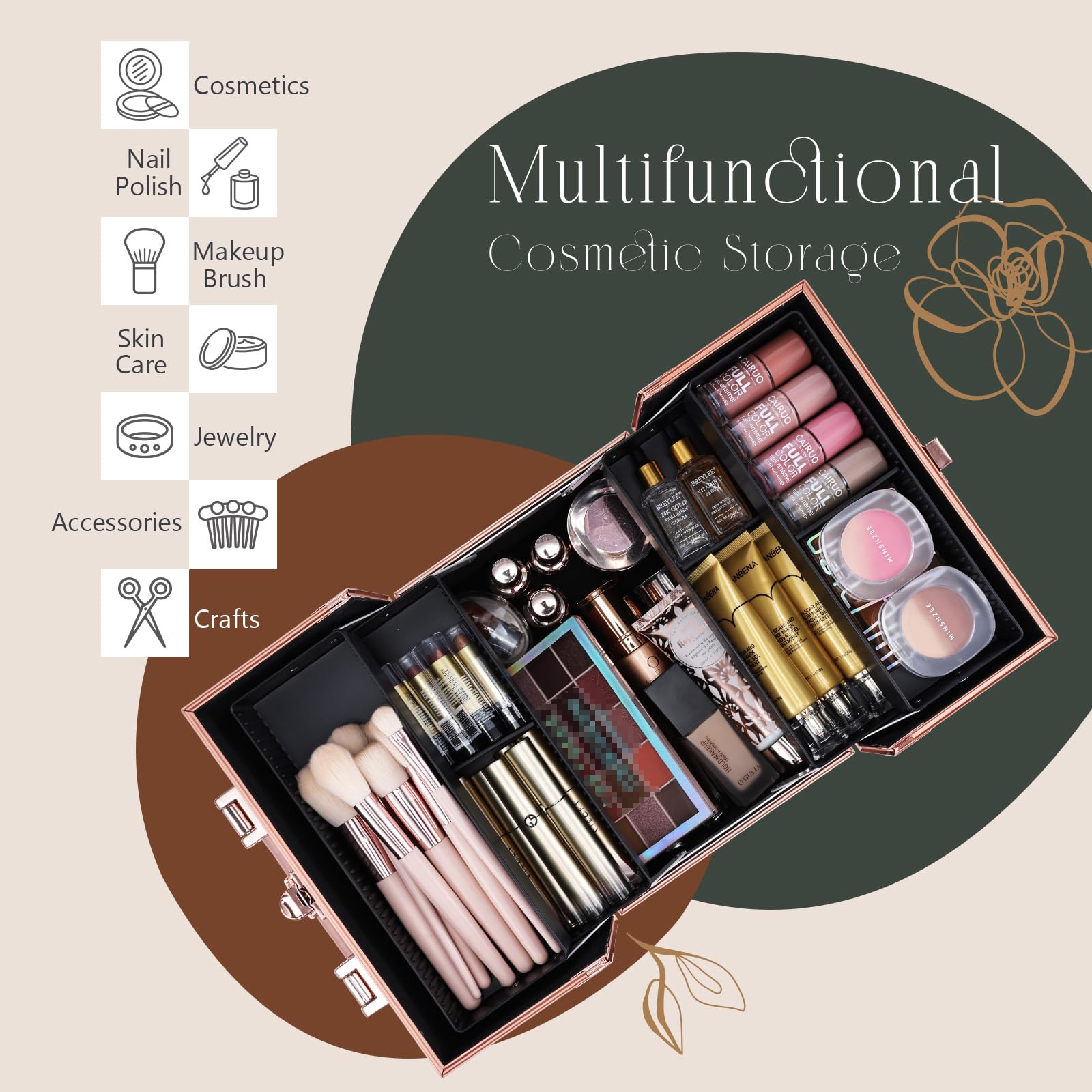 Bottom compartment keeps larger items secure during transport.