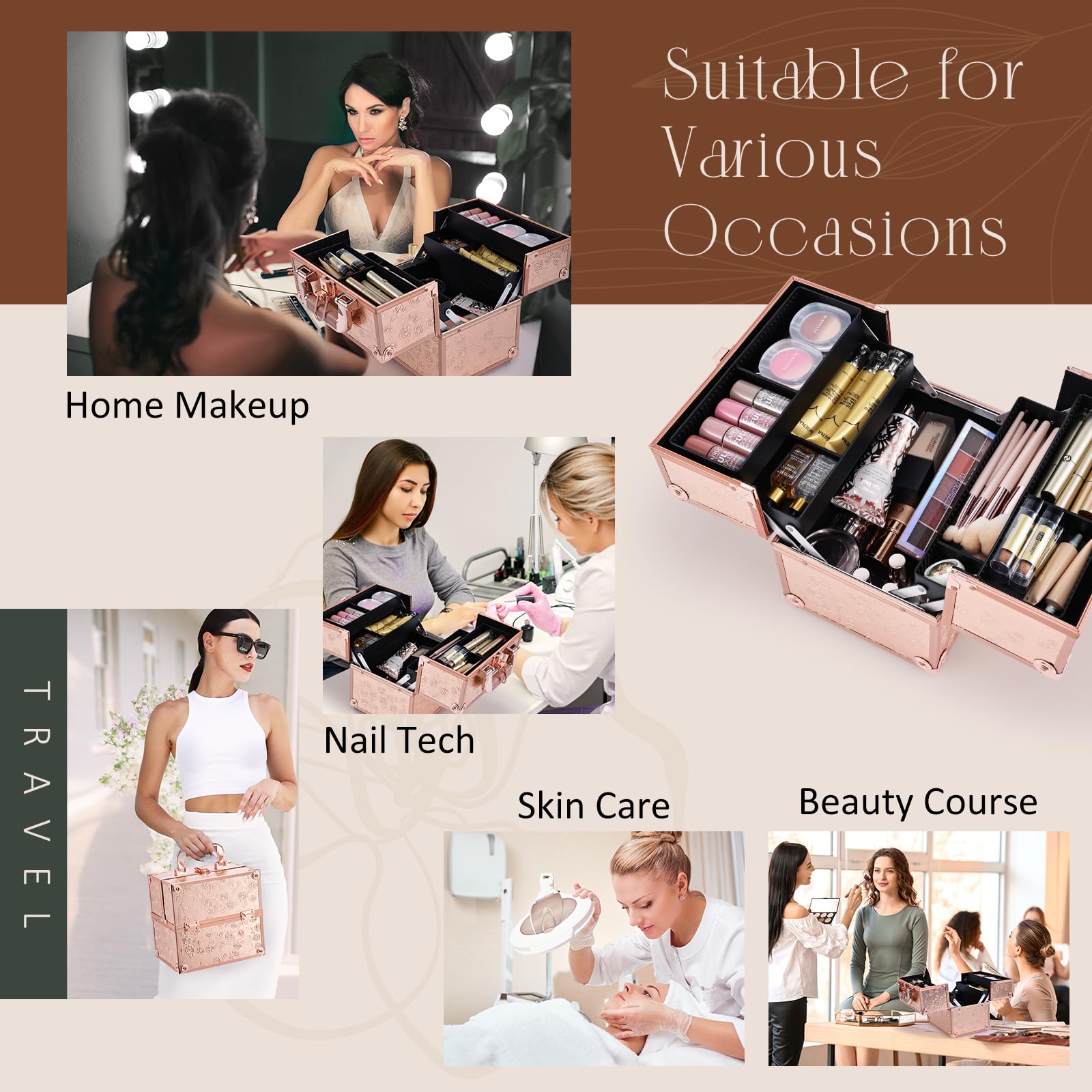 Lockable lid with key adds privacy when traveling with cosmetics.