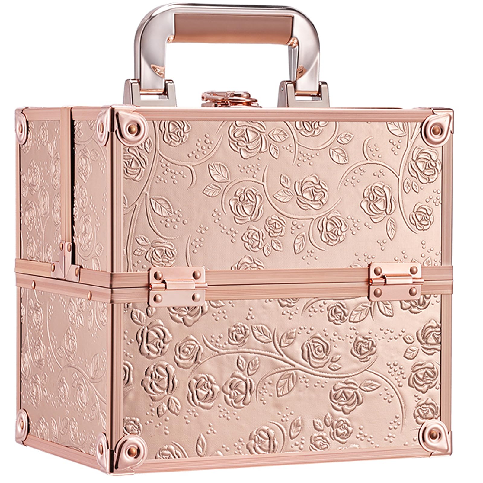 FRENESSA makeup train case with rose gold floral exterior for stylish travel protection.