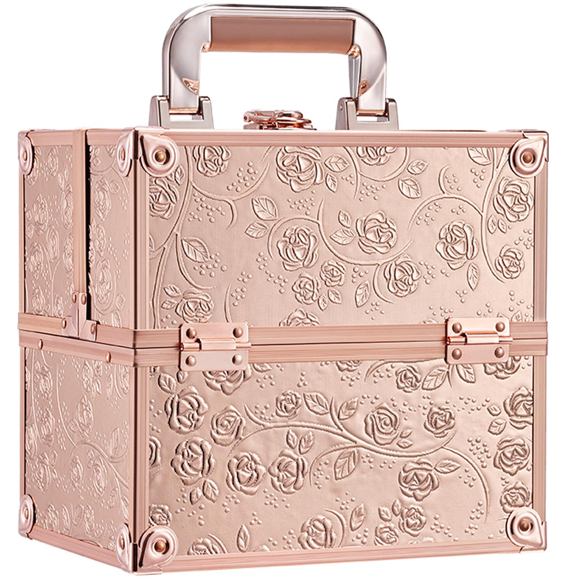 FRENESSA makeup train case with rose gold floral exterior for stylish travel protection.
