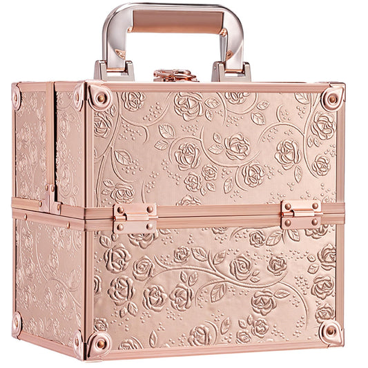 FRENESSA makeup train case with rose gold floral exterior for stylish travel protection.
