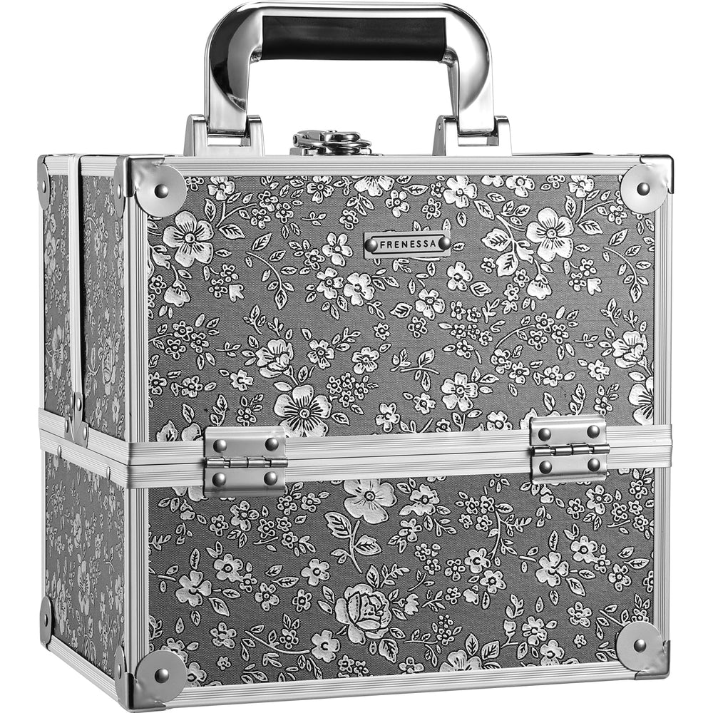FRENESSA silver floral hard makeup box shows durable design for travel organization