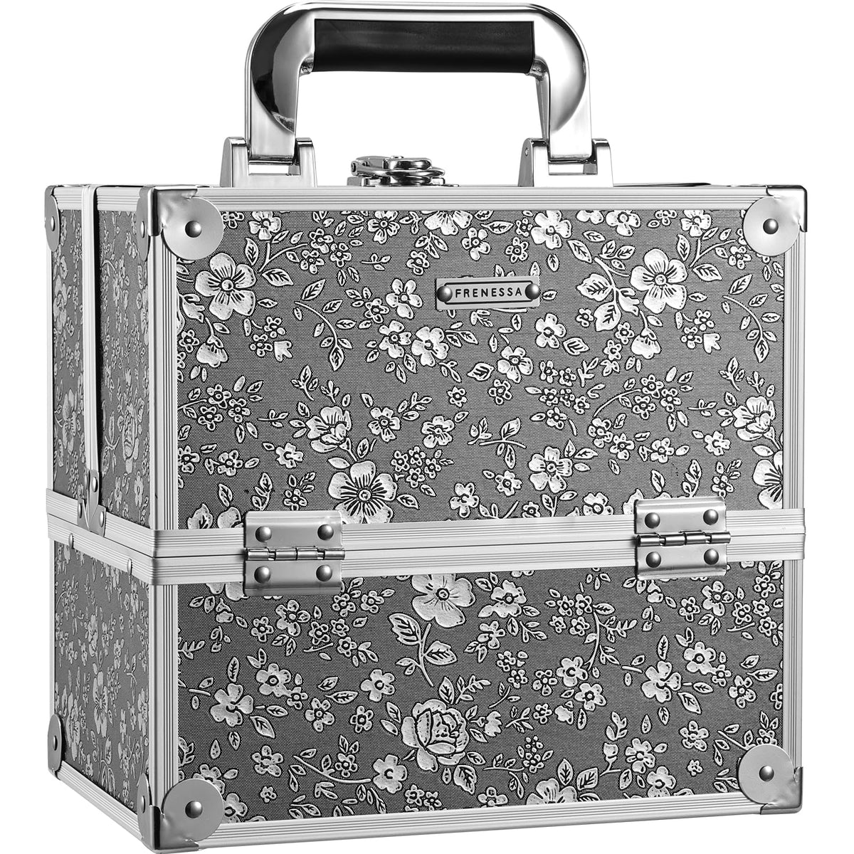 FRENESSA silver floral hard makeup box shows durable design for travel organization