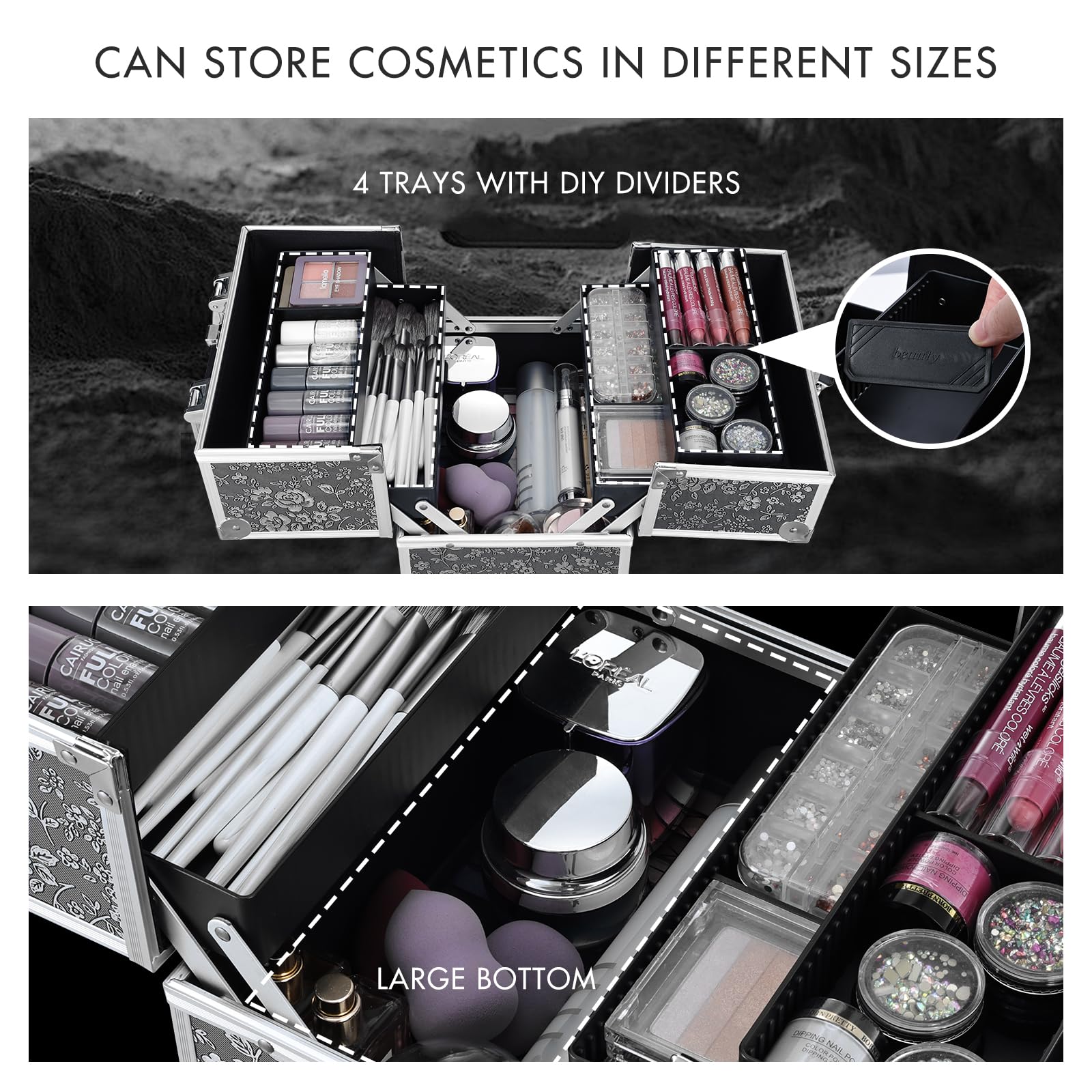 FRENESSA train case with four trays offers easy access to cosmetics on the go