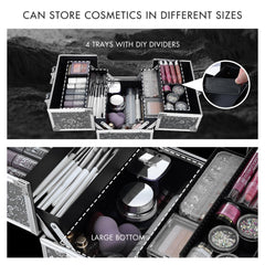 FRENESSA train case with four trays offers easy access to cosmetics on the go