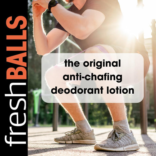 Fresh BALLS Lotion tube closeup highlighting the 3.4 oz size for travel and regular use.