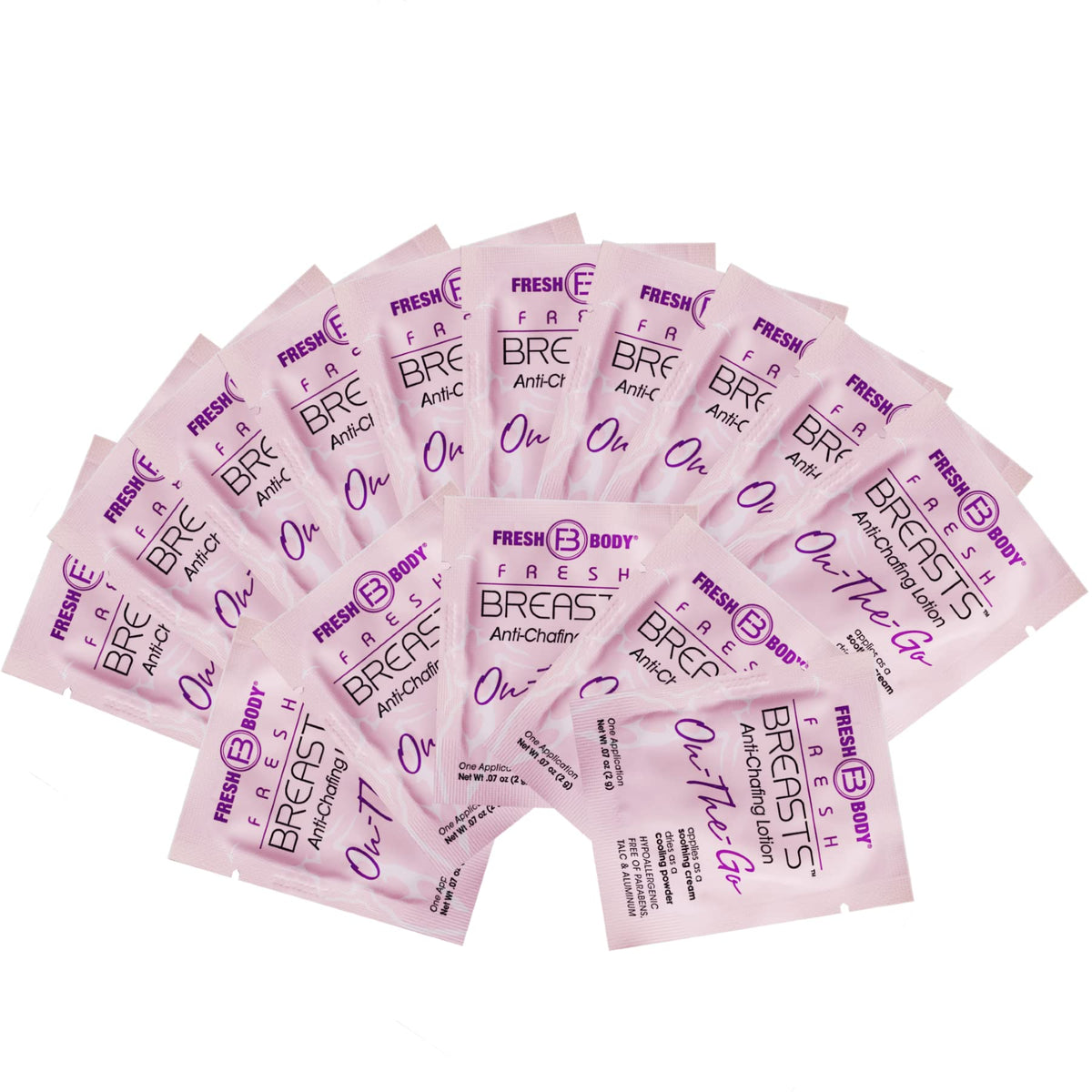 Fresh Body FB Breasts On-The-Go packaging shown for travel-friendly dryness and odor control.