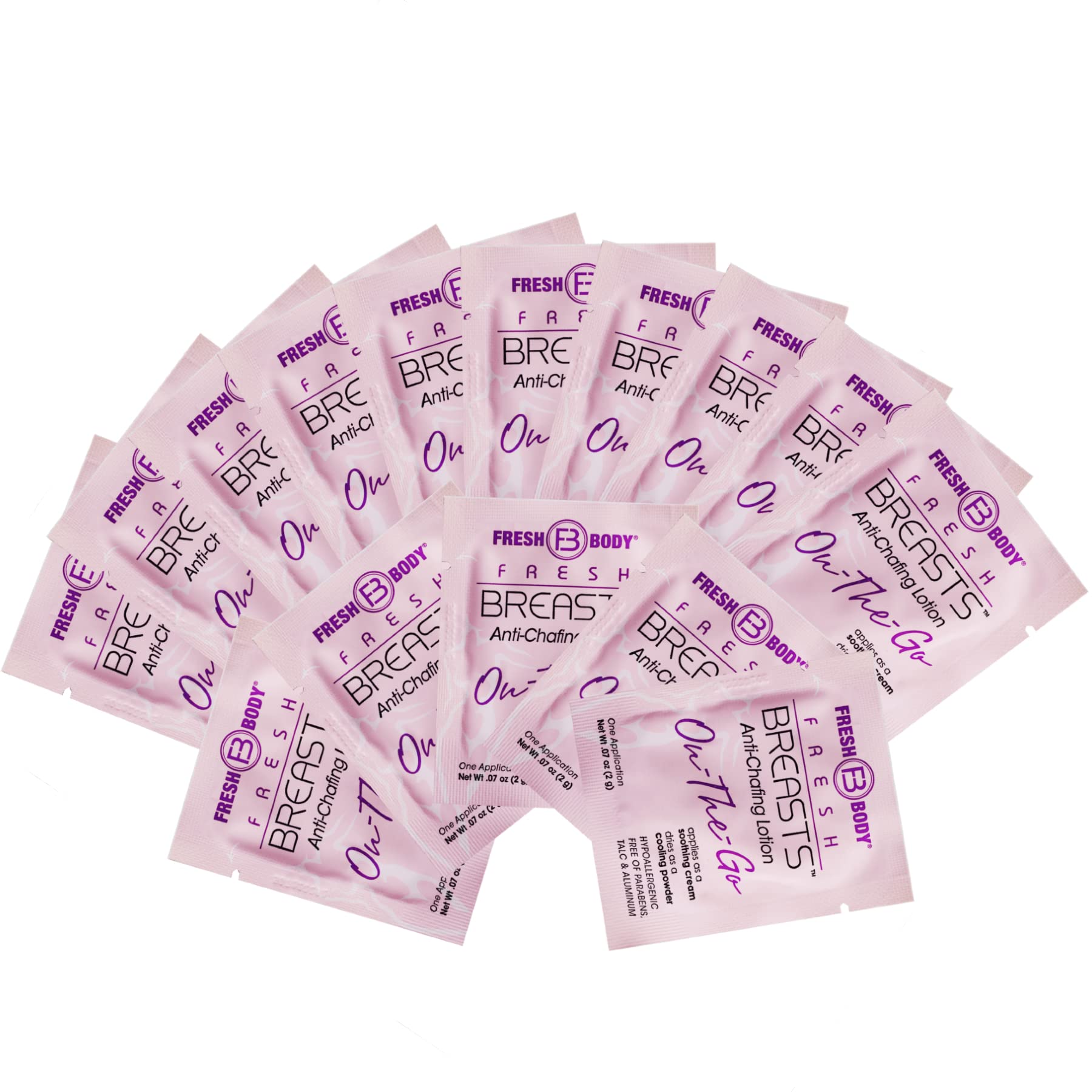 Fresh Body FB Breasts On-The-Go packet front shows fragrance-free travel anti-chafing lotion