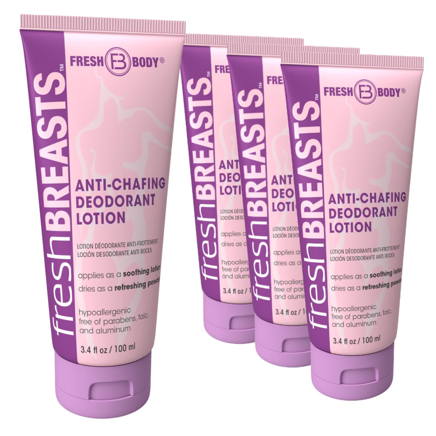 Fresh Breasts anti-chafing cream bottle demonstrating quick-dry action for all-day dryness