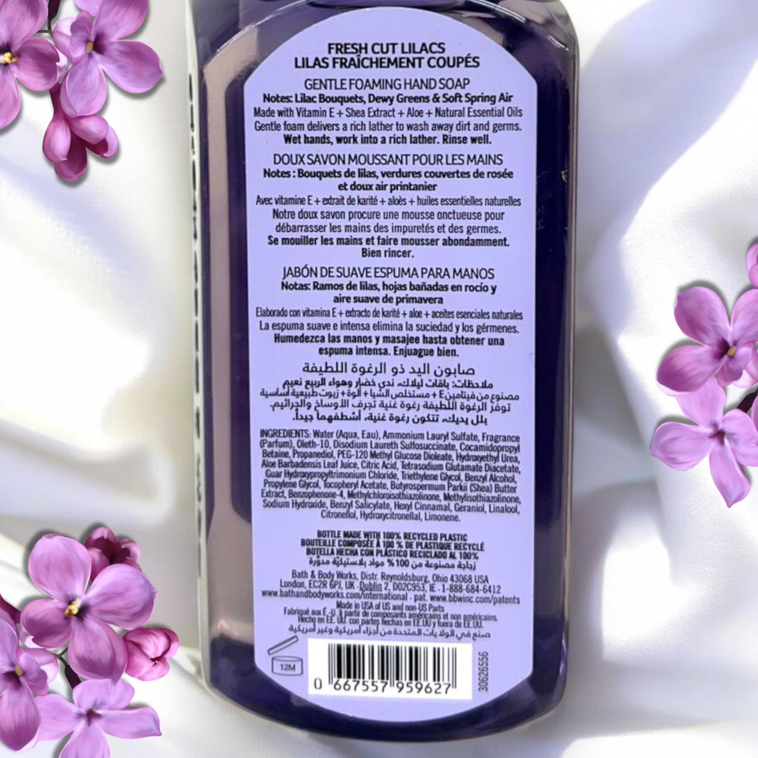Fresh Cut Lilacs fragrance closeup highlights uplifting lilac aroma during hand washing.