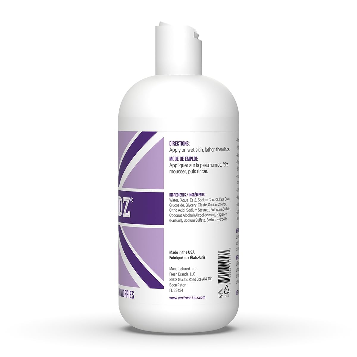Close-up of Fresh Kidz body wash noting vanilla and jasmine scent notes.