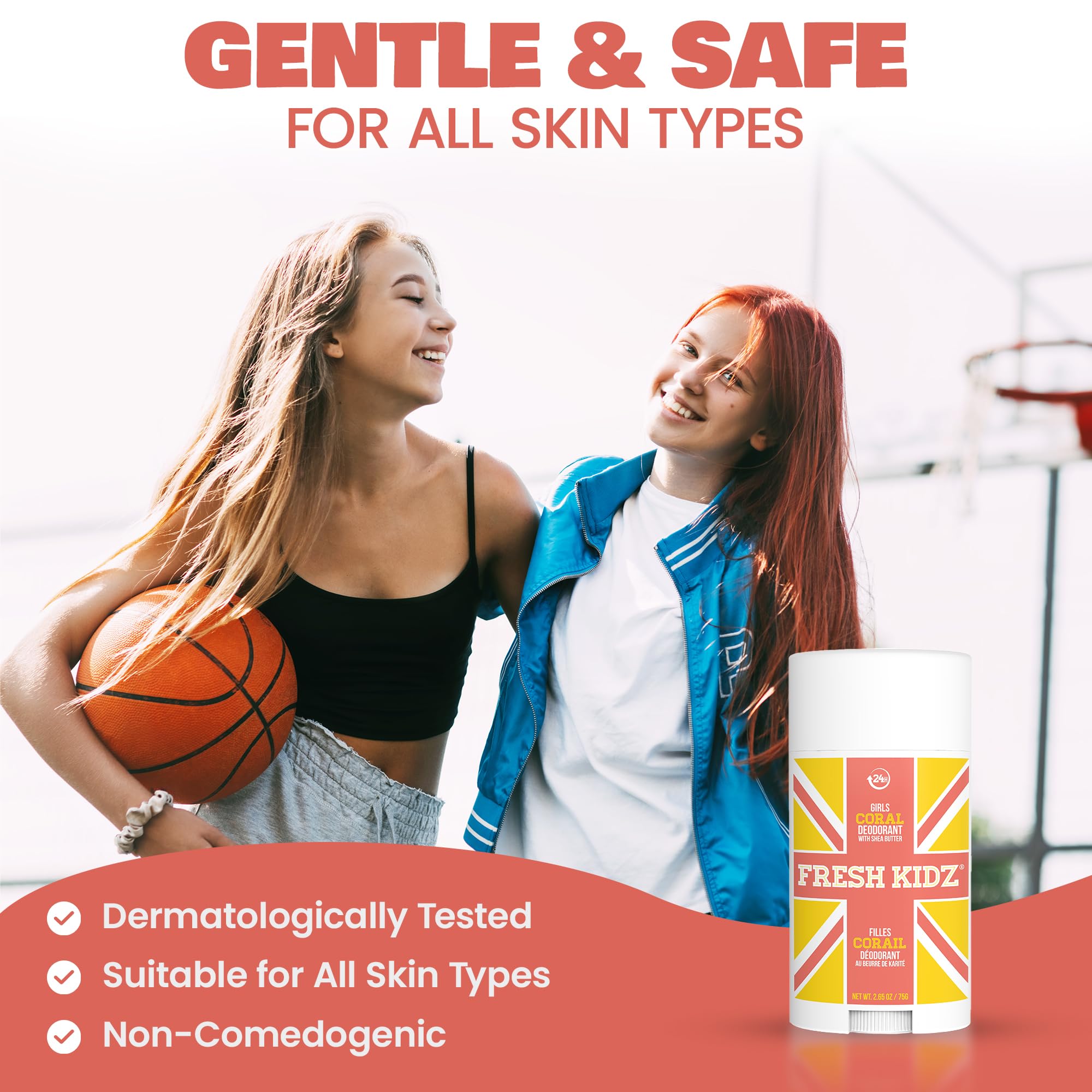 Closeup of label on Fresh Kidz Coral deodorant stick showing clean ingredients