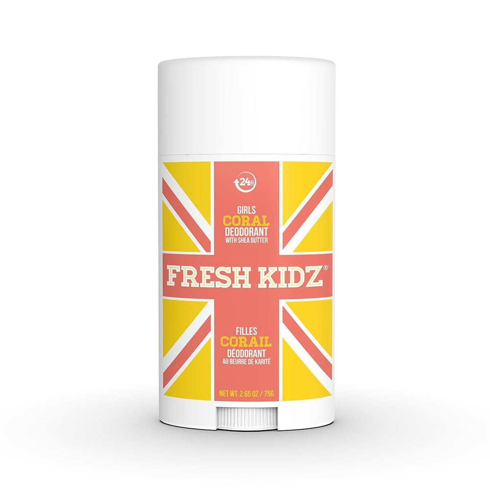 Fresh Kidz Coral deodorant stick packaging front highlights kid-safe formula