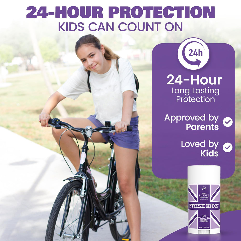 Fresh Kidz cap close-up on Girls Purple deodorant stick for smooth application