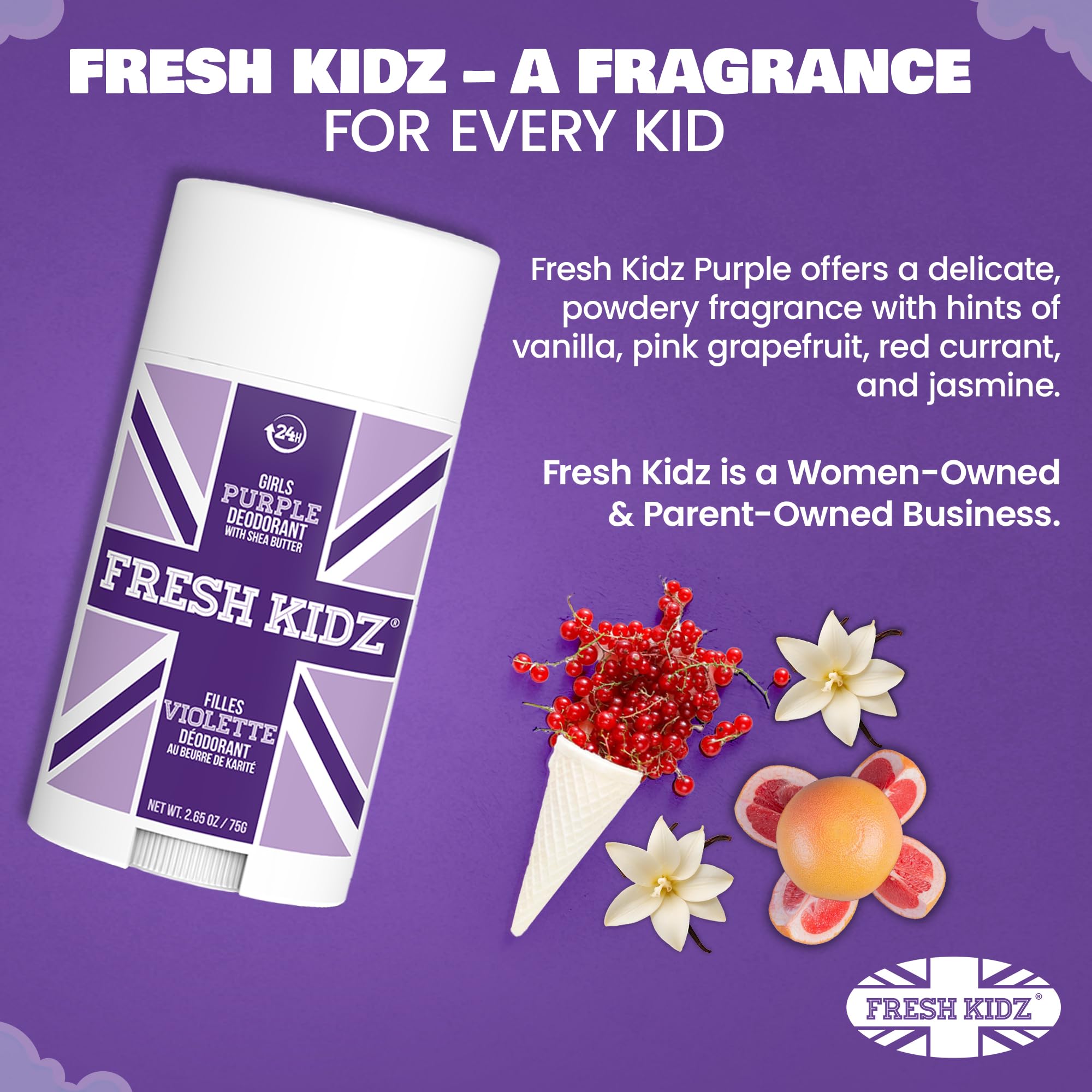 Fresh Kidz deodorant texture close-up shows gentle formula free of baking soda and aluminum