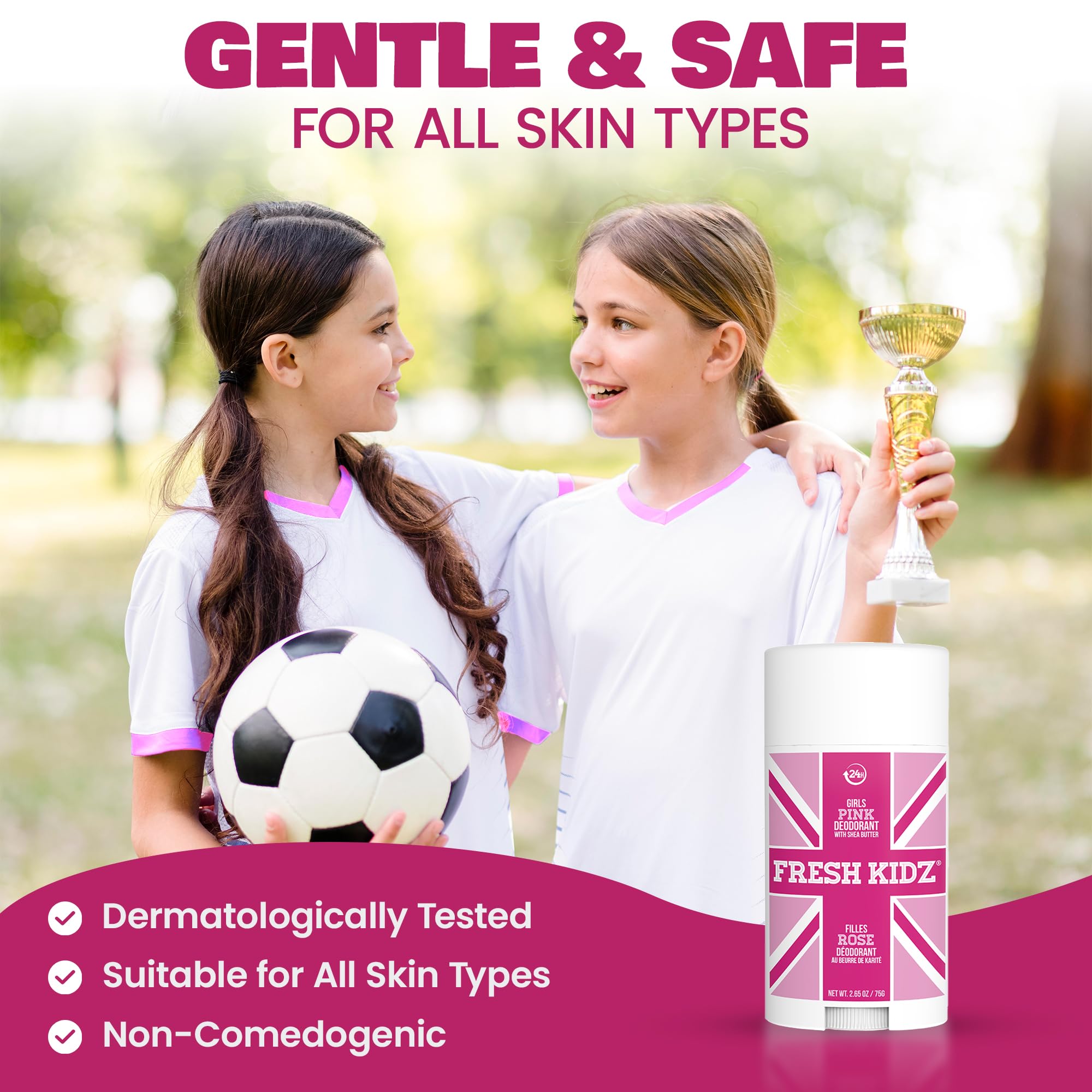 Fresh Kidz Pink cap closeup highlights gentle, skin-friendly formula
