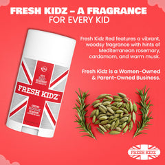 Fresh Kidz Red label notes emphasize allergy-friendly formula without baking soda