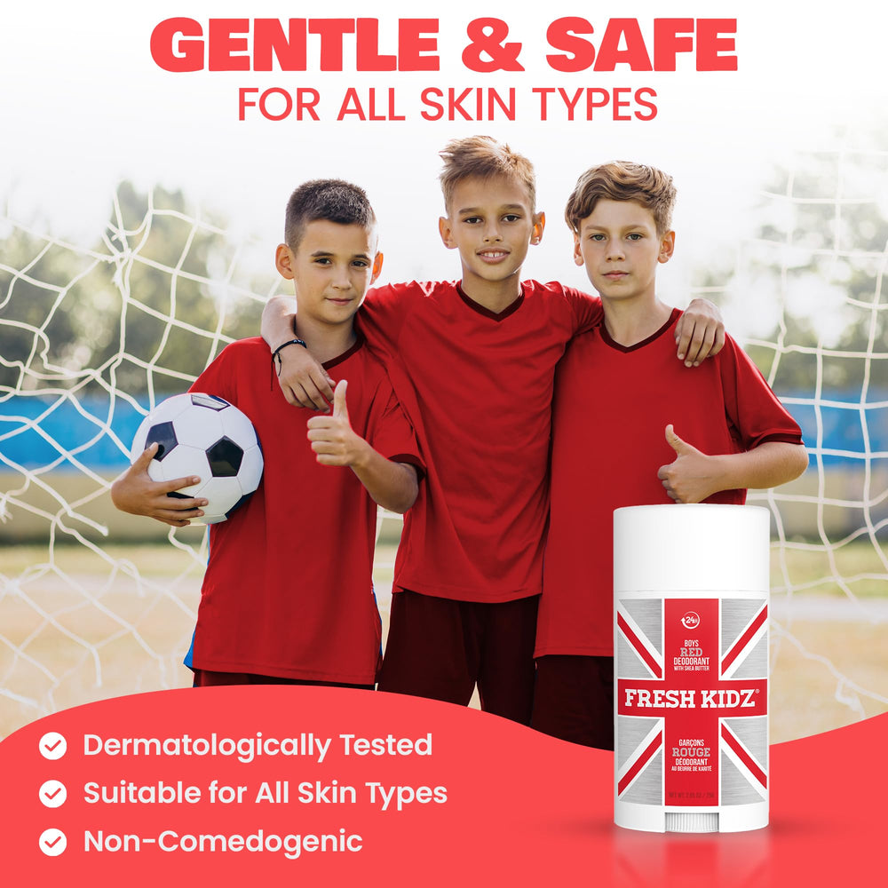 Fresh Kidz Red deodorant stick twist demonstrates 24-hour odor control without harsh chemicals