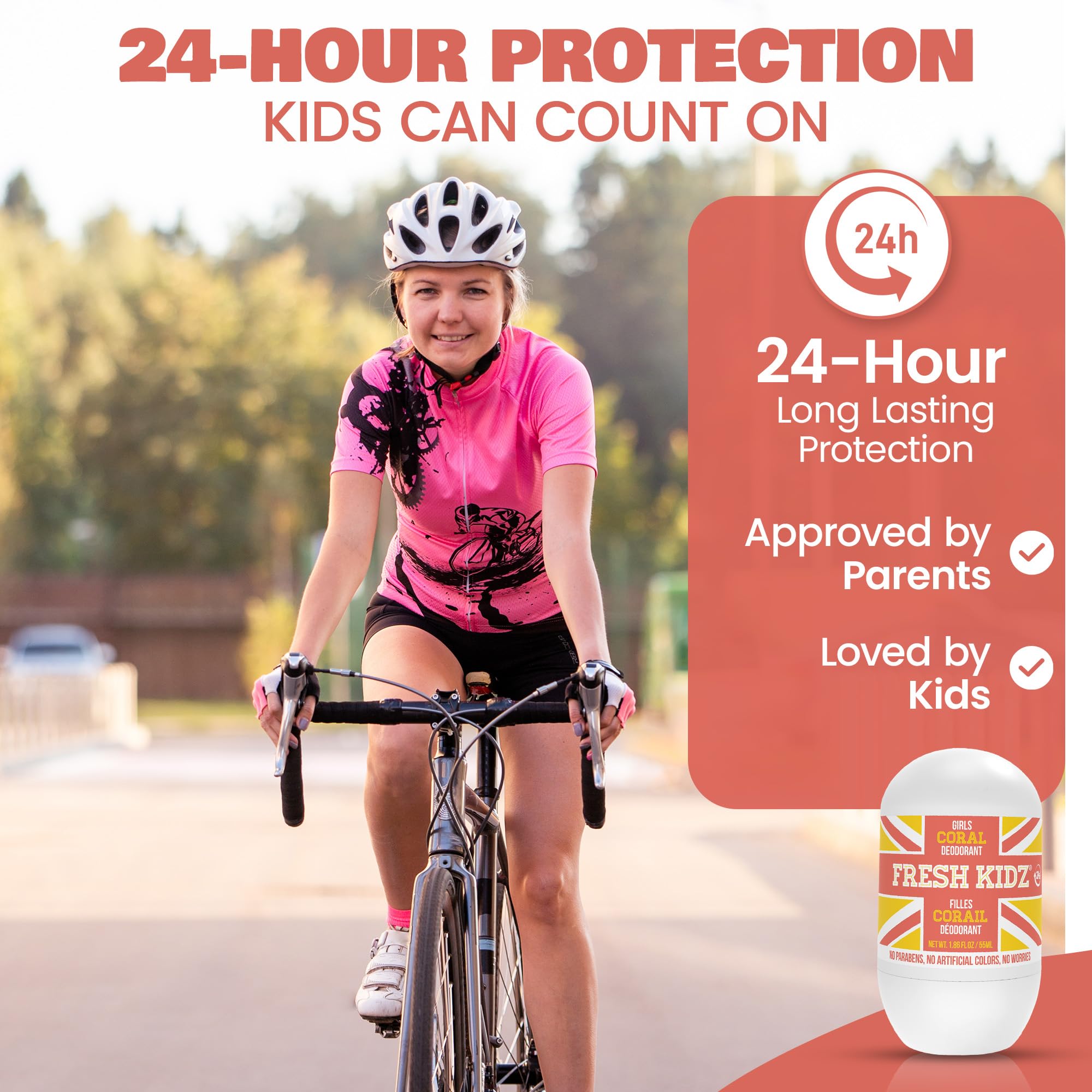 Fresh Kidz Coral aluminum-free label emphasizes safe, chemical-free hygiene choices.