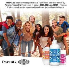 Fresh Kidz Roll On Deodorant Blue 3-pack, back view, gentle on sensitive skin.