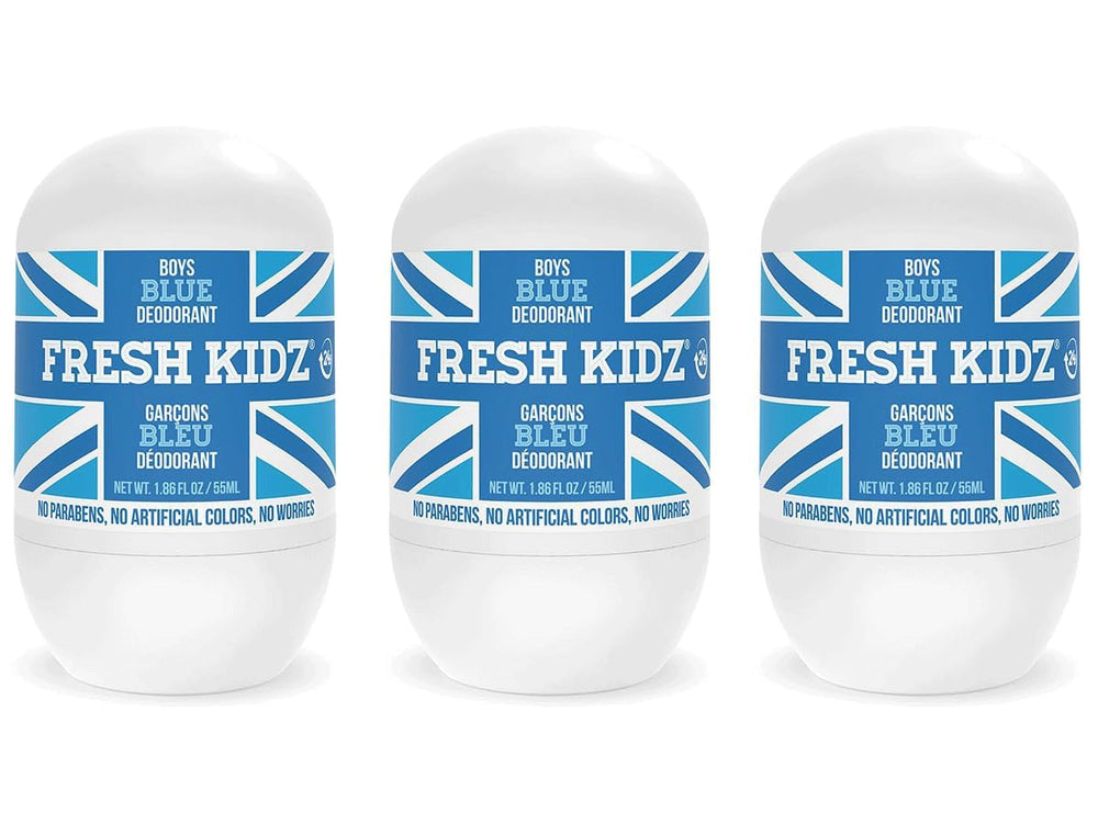 Fresh Kidz Roll On Deodorant Blue 3-pack, front view, 24-hour odor protection.
