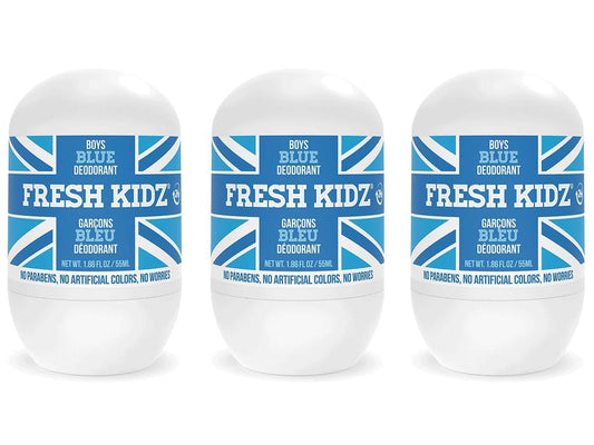Fresh Kidz Roll On Deodorant Blue 3-pack, front view, 24-hour odor protection.